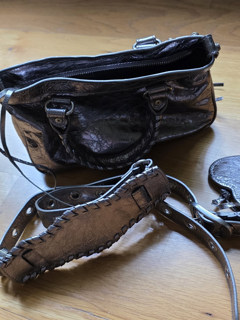 Balenciaga Metallic Gray Women's Leather Satchel Shoulder Bag
